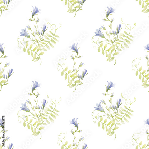 Wildflowers. Seamless watercolor pattern of flowers and clover leaves, bells, herbs good for fabrics, textiles, wallpaper, backdrops, wallpaper, wrapping paper, scrapbooking