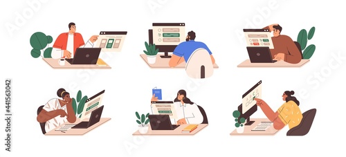 Set of people passing online test at computer. Students with laptops at internet exam. Men and women ticking answers on screen. Colored flat graphic vector illustration isolated on white background