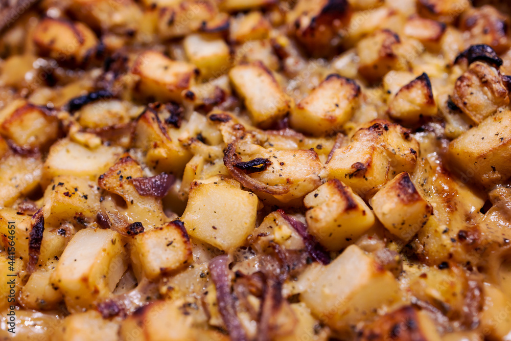 vegan potato roast with onions and airy-free cream, healthy plant-based food vegan potato roast with onions and airy-free cream, healthy plant-based food