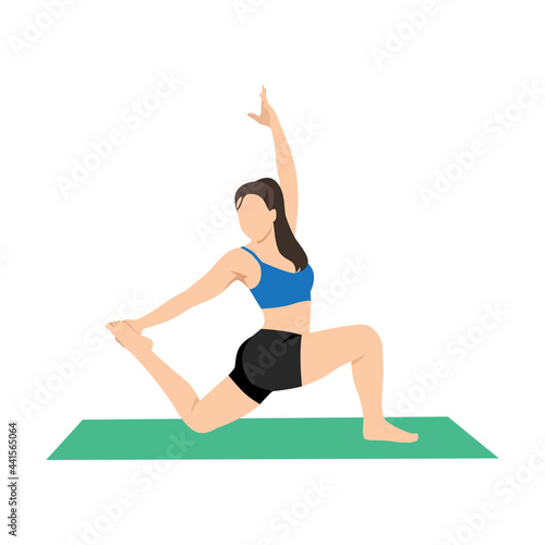 Woman doing Crescent lunge pose. Anjaneyasana exercise. Flat vector illustration isolated on white background