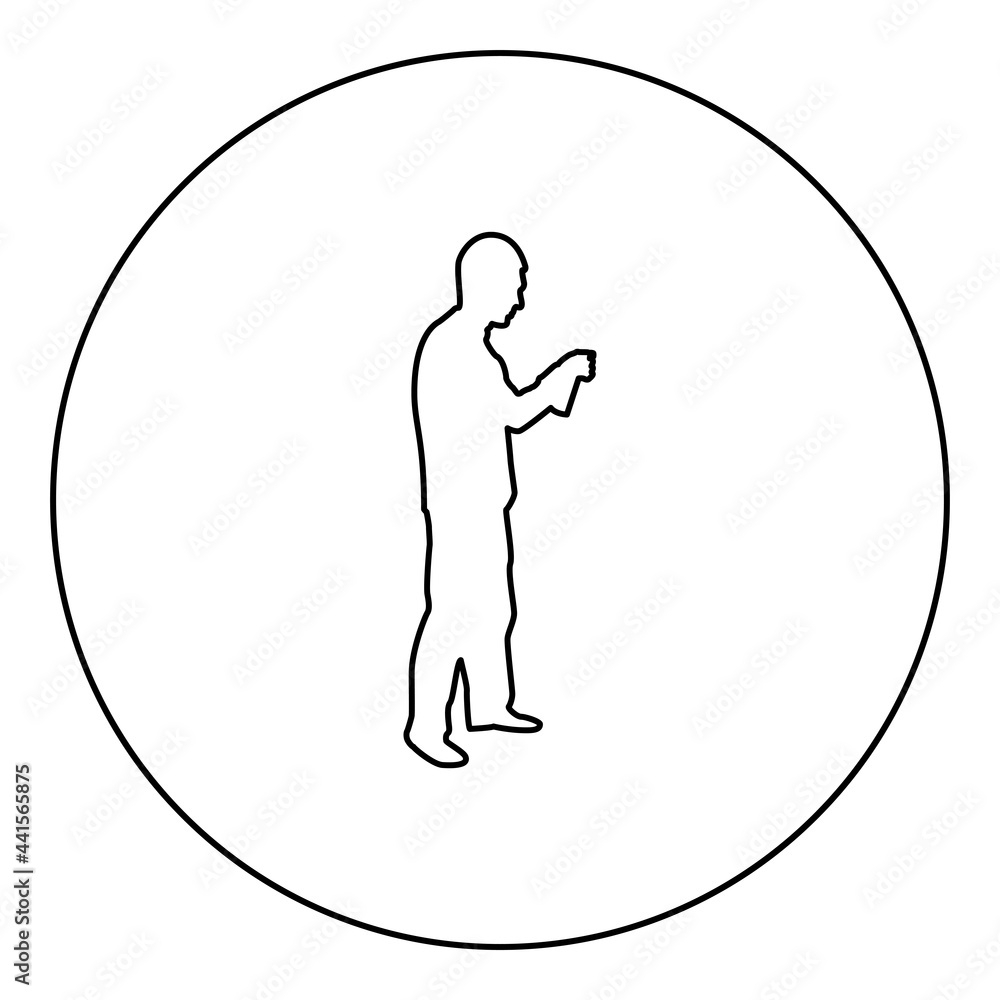 Man using water sprayed in up Male watering garden using hand sprinkler Holding arm special comb silhouette in circle round black color vector illustration contour outline style image Man using water sprayed in up Male watering garden using hand sprinkler Holding arm special comb silhouette in circle round black color vector illustration contour outline style image