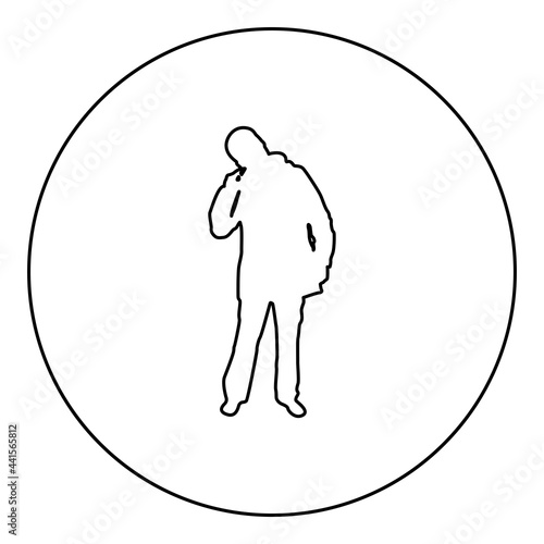 Male picking in ear using finger Male clearing earwax Clean body concept Caring for cleanliness idea Hygiene Cleanup hygienic silhouette in circle round black color vector illustration contour 