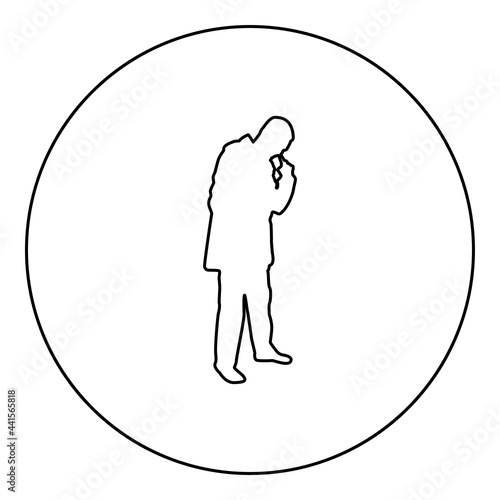 Man poking in nose use finger Male cleans nasal passages silhouette in circle round black color vector illustration contour outline style image