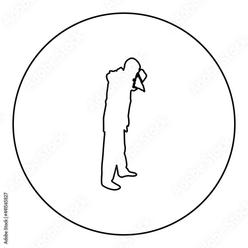 Man is blow one's nose into handkerchief tissue paper Cough Rhinitis Allergies concept Sneezing Runny nose Snot highlighted Male smoky blowing orcue Hay fever silhouette in circle round black color 