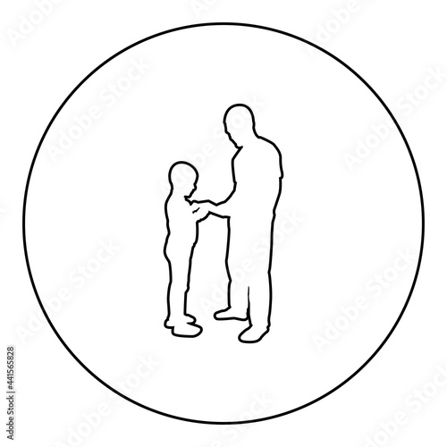 Man transmits thing to boy Father Male give book gadget smartphone son children take something Dad relationship Family concept Child friendship toddler daddy silhouette in circle round black color 