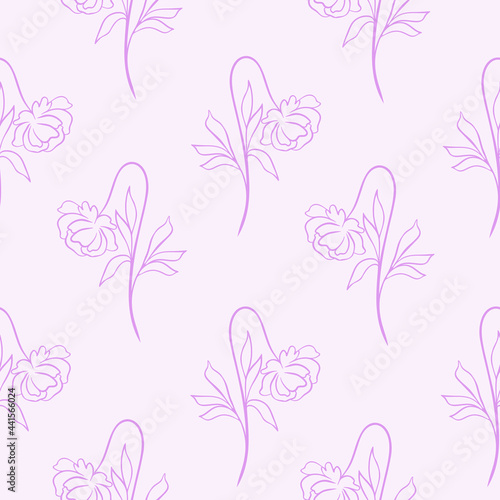 Line art flowers seamless pattern, vector illustration. Light minimalistic background for packaging and design. Hand drawing botanical template