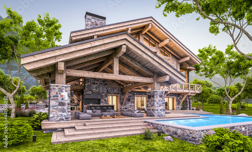 3d rendering of modern cozy chalet with pool and parking for sale or rent.  Massive timber beams columns. Beautiful forest mountains on background. Clear summer evening with cozy light from window © korisbo