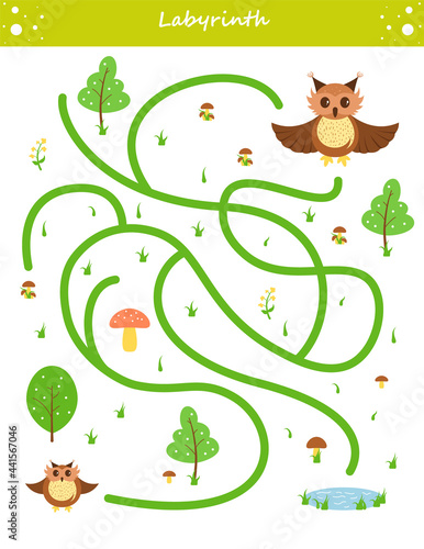 Maze. Find the right path for owl. Game for kids. Puzzle for children. Color vector illustration.