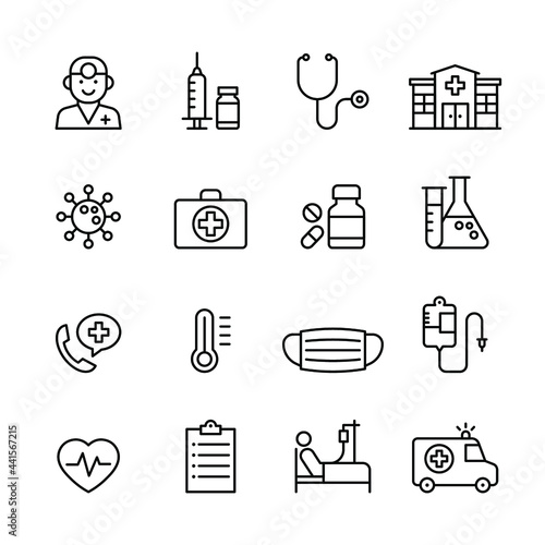 Medical icons set, pharmacology and healthcare symbol, Element linear design for advertise, Apps and websites, Collection modern infographic logo and pictogram, Vector illustration