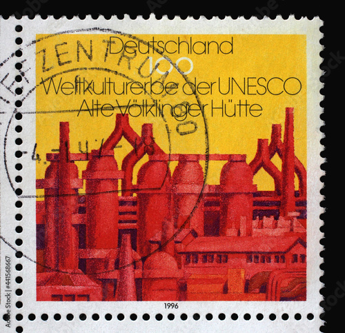 A stamp printed in Germany shows Old Völklingen iron and steel plant, UNESCO World Heritage Sites, circa 1996