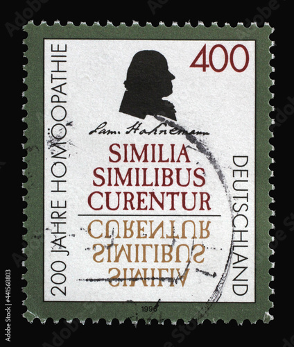 Принти на полотні A stamp printed in Germany shows Samuel Hahnemann, German Physician known for Cr