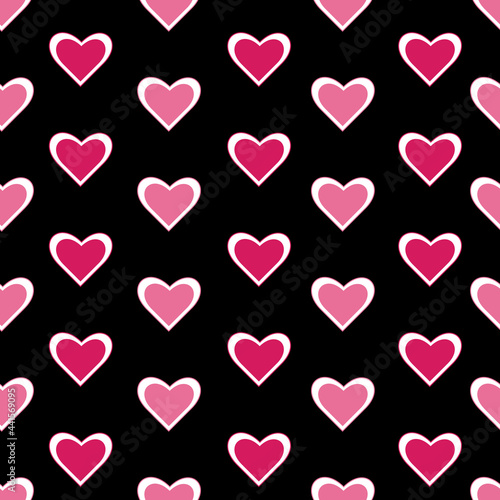Valentine outline hearts geometric lines repeat seamless pattern design with black background.