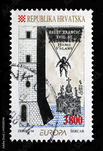 A stamp printed in Croatia shows Homo volans by Faust Vrancic, circa 1994 photo