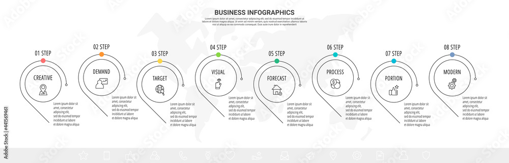 Line minimal vector infographics timeline with eight steps. Circle chart process template. Modern timeline for company or corporate business project, presentation, web, diagram, content