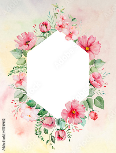 Fototapeta Naklejka Na Ścianę i Meble -  Watercolor pink flowers and green leaves frame card illustration