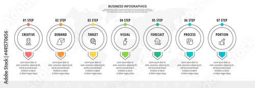 Vector line infographics template for seven arrows and circles. Business concept with 7 elements and icons. Modern blank space for chart, content, step for step, timeline, diagram, web