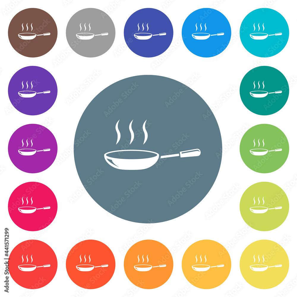 Glossy steaming frying pan flat white icons on round color backgrounds Glossy steaming frying pan flat white icons on round color backgrounds
