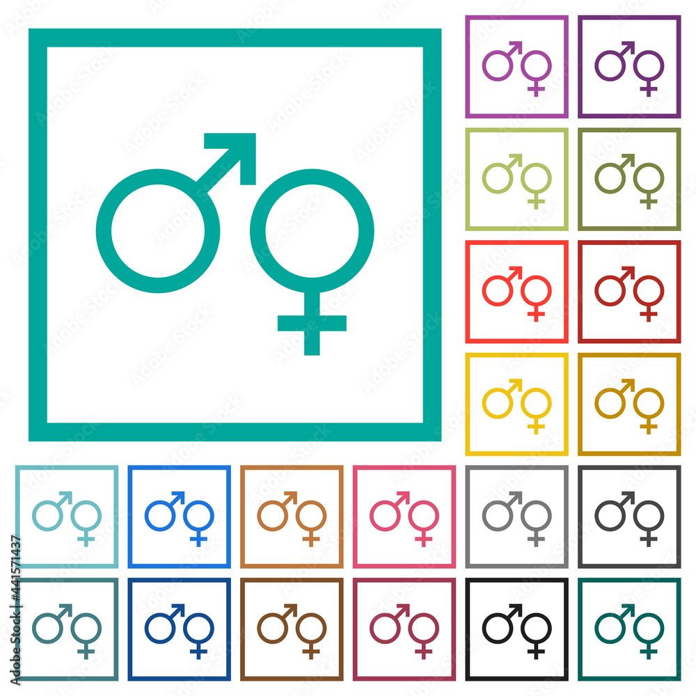 Male and felmale gender symbols flat color icons with quadrant frames Male and felmale gender symbols flat color icons with quadrant frames