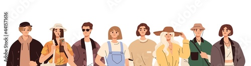 Group portrait of young modern people. Banner with happy smiling men and women on white background. Pretty male and female characters in trendy casual urban outfits. Isolated flat vector illustration