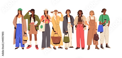 Group of fashion people in trendy outfits. Young stylish women wearing modern casual summer clothes and accessories. Colored flat graphic vector illustration of fashionable looks isolated on white