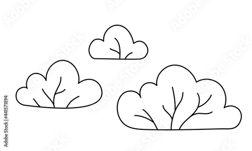 Vector hand drawn illustration of bush in doodle style. A group of simple cute decorative shrub. Garden or forest plants. Ink sketch.  Cartoon bush icon. Black outlines isolated on a white background.