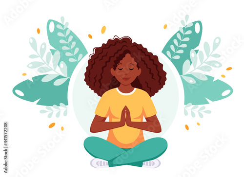 African american woman meditating in lotus pose. Healthy lifestyle, yoga, wellbeing, relax. Vector illustration