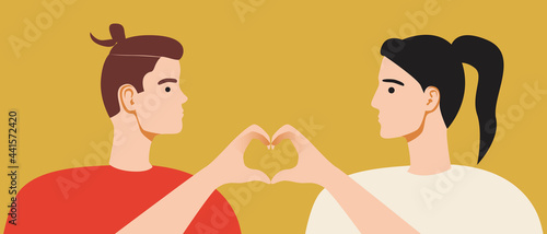 Couple in love, hands with heart, flat vector stock illustration with man and woman love as soulmate