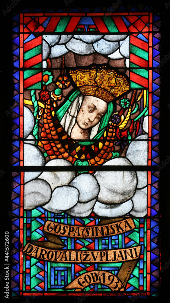 Our Lady of Sinj stained glass at the Church of the Visitation of the Virgin Mary in Cirkvena, Croatia