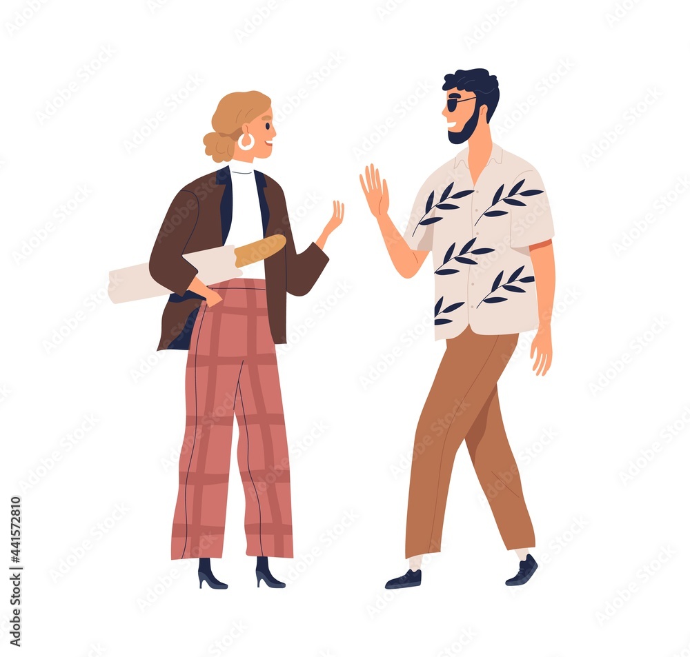 Two people meeting, greeting each other, saying and gesturing hi. Modern trendy man and woman at chance encounter. Colored flat graphic vector illustration of friends isolated on white background
