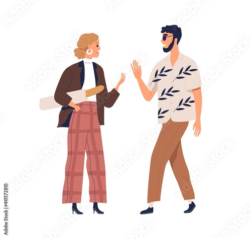 Two people meeting, greeting each other, saying and gesturing hi. Modern trendy man and woman at chance encounter. Colored flat graphic vector illustration of friends isolated on white background
