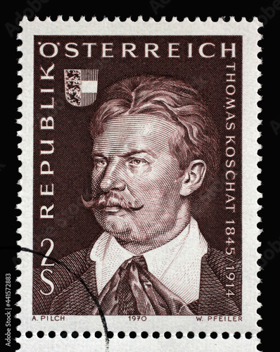 Stamp issued in the Austria shows the 125th Anniversary of the Birth of Thomas Koschat, circa 1970.