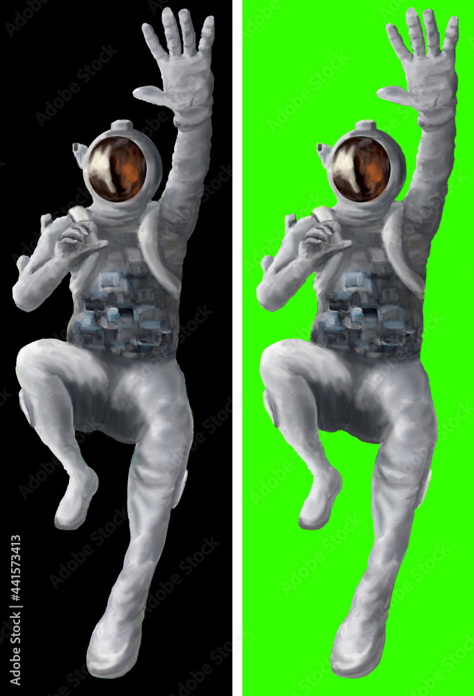Astronaut in space suit falling down on black background and green screen. Digital hand painting