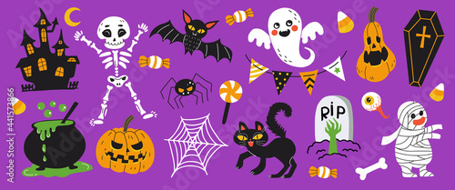 Happy Halloween design elements. Halloween festive items isolated on purple background. Hand-drawn cartoon style vector illustration. Great for props, greeting cards and Halloween stickers.
