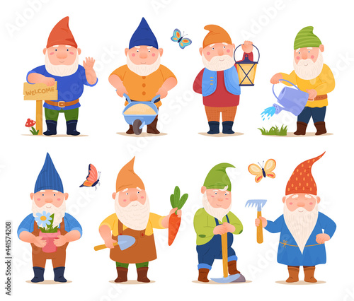 Collection cute funny garden gnomes vector flat illustration friendly fairy tail character gardener