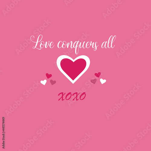 Valentine panel love conquers all outline heart with pink background pattern design