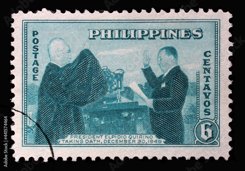 Stamp printed in Philippines shows President Elpidio Quirino Taking Oath, circa 1950