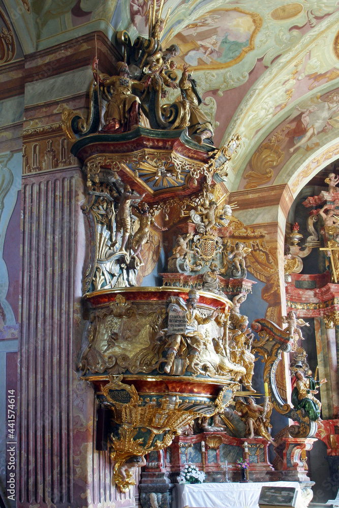 A pulpit in the Baroque church of Our Lady of the Snows in Belec, Croatia