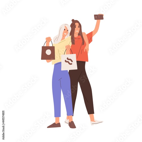 Young happy women with shopping bags taking selfie photo with mobile phone. Smiling hugging girlfriends with smartphone. Flat vector illustration of female friends isolated on white background