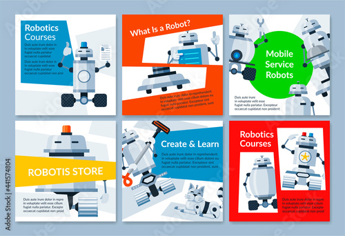 Collection robotics engineering programming banners vector flat illustration artificial intelligence