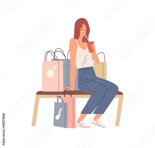 Tired woman resting after summer shopping. Young female sitting on bench with refreshing drink and lot of shop bags around. Colored flat vector illustration of exhausted shopper isolated on white