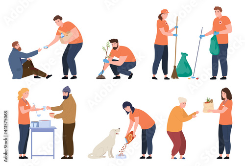 Bundle of people volunteer work vector flat illustration man and woman volunteering, supporting