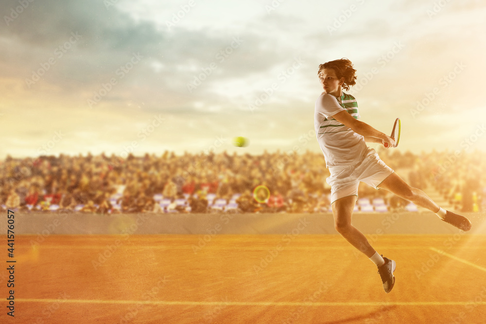 Fototapeta premium Young caucasian male tennis player playing tennis on court during match. Artwork, collage. Concept of action, sport concept
