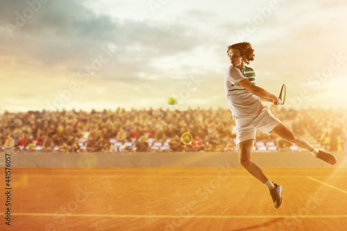 Young caucasian male tennis player playing tennis on court during match. Artwork, collage. Concept of action, sport concept