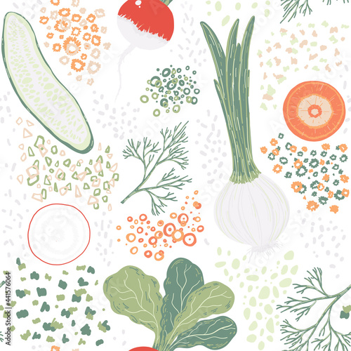 Hand drawn seamless colorful pattern with different vegetables: radish, onion, dill, cucumber 