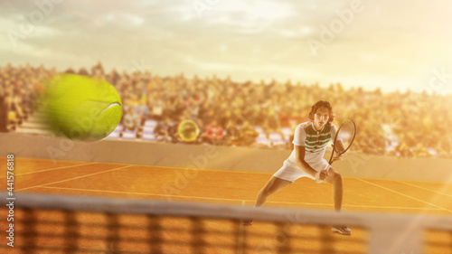 Young caucasian male tennis player playing tennis on court during match. Artwork, collage. Concept of action, sport concept. Full stands of spectators