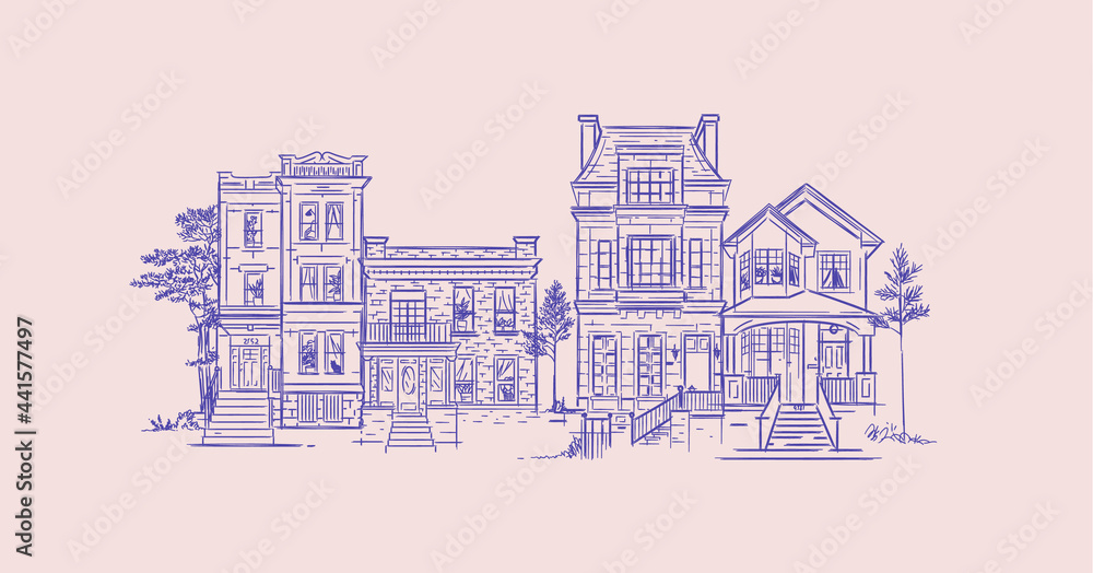 House illustration old fashioned blue lines