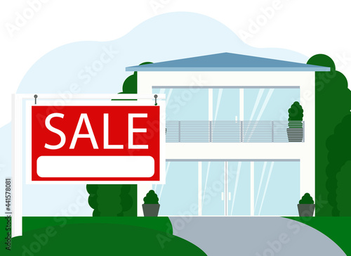 Illustration of the sale of a large residential building next to a sign with the text SALE