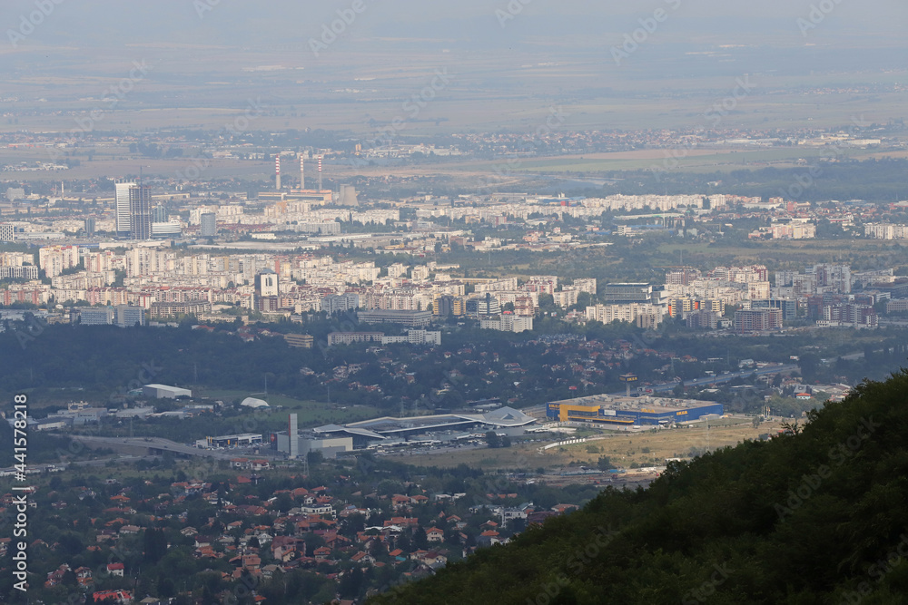 Aerial view from above of Sofia suburbs, cityscape of Sofia the capital of Bulgaria. Industrial area