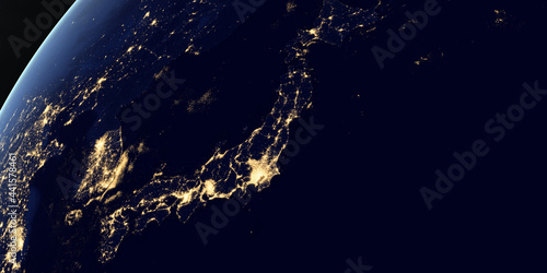 View of Japan at night in the earth planet rotating from space