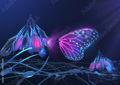 3D Render of Magical glowing neon and fluorescent inspirational butterfly beside its cocoon photo